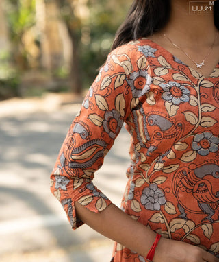 Coral Ember Kalamkari Print Cotton Ready-to-Wear Kurti