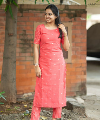 Peach Coral Handloom Cotton Co-ords with Pockets
