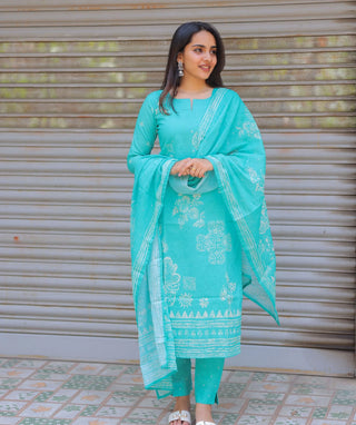 Teal Mist Cotton 3 Piece Kurti Set with Pockets Trend