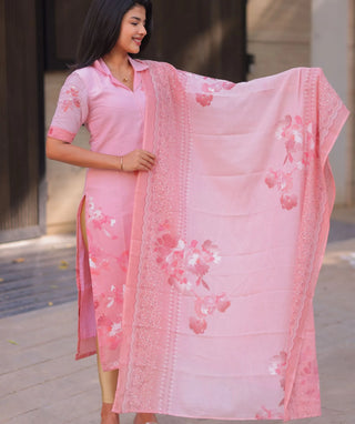 Rosé Blossom Mul Cotton Kurti with Shawl
