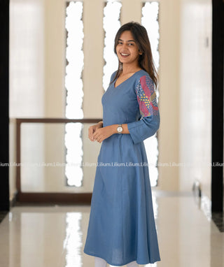 A-Line Denim Blue Kurti with Abstract Embroidery