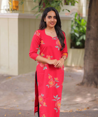 Hibiscus Flame Cotton Kurti with 3/4 Sleeves