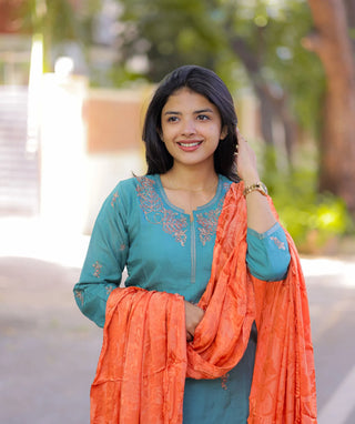 Ocean Coral Blossom Muslin Silk Festive 3 Piece Set