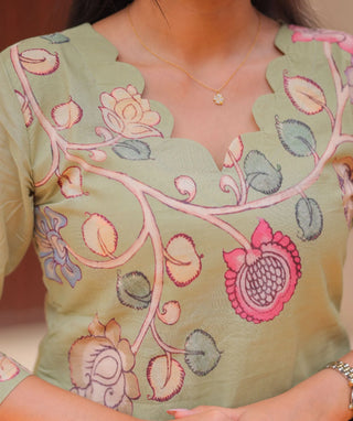 Sage Blossom Cotton Kurti – 3/4 Sleeves Everyday Wear