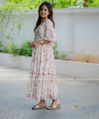 Cream Floral Printed Muslin Maxi Dress