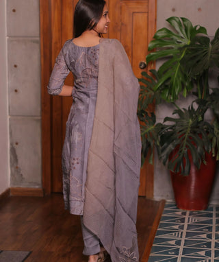 Moonstone Grey Hand Embroidered Muslin 3 Piece Set