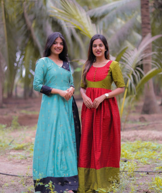 Sea Green & Black Festive Maxi Dress in Chanderi Silk Handloom