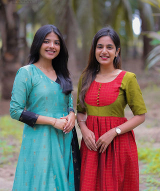 Red and  Pear Chanderi Silk Festive Handloom Maxi Dress