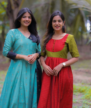 Sea Green & Black Festive Maxi Dress in Chanderi Silk Handloom