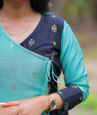 Sea Green & Black Festive Maxi Dress in Chanderi Silk Handloom