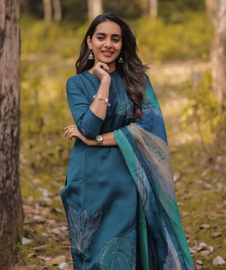 Deep Ocean Teal Embroidered Organza 3 Piece Festive Set