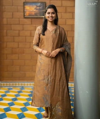 Desert Honey Muslin Silk Festive 3-Piece Set with 3/4 Sleeves