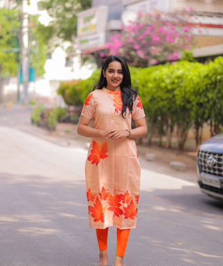 Peach-Orange Tussar Kurti with Lining