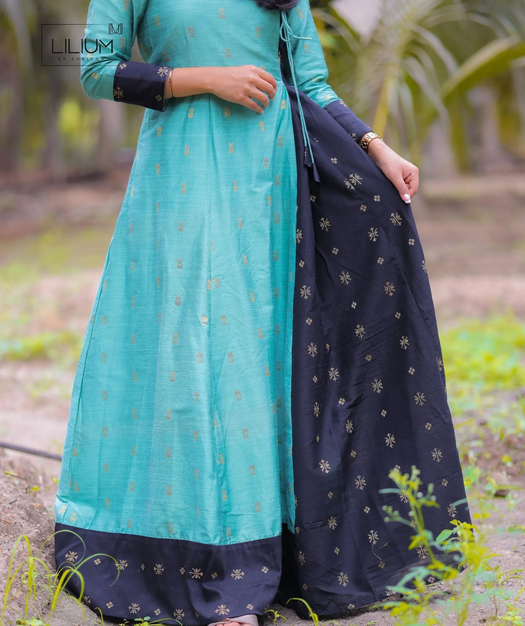 Sea Green Black Festive Maxi Dress in Chanderi Silk Handloom