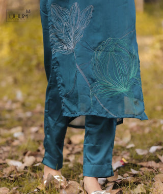 Deep Ocean Teal Embroidered Organza 3 Piece Festive Set