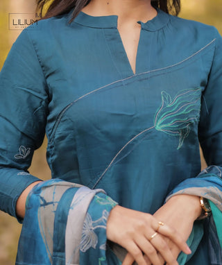 Deep Ocean Teal Embroidered Organza 3 Piece Festive Set