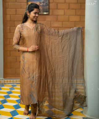 Desert Honey Muslin Silk Festive 3-Piece Set with 3/4 Sleeves