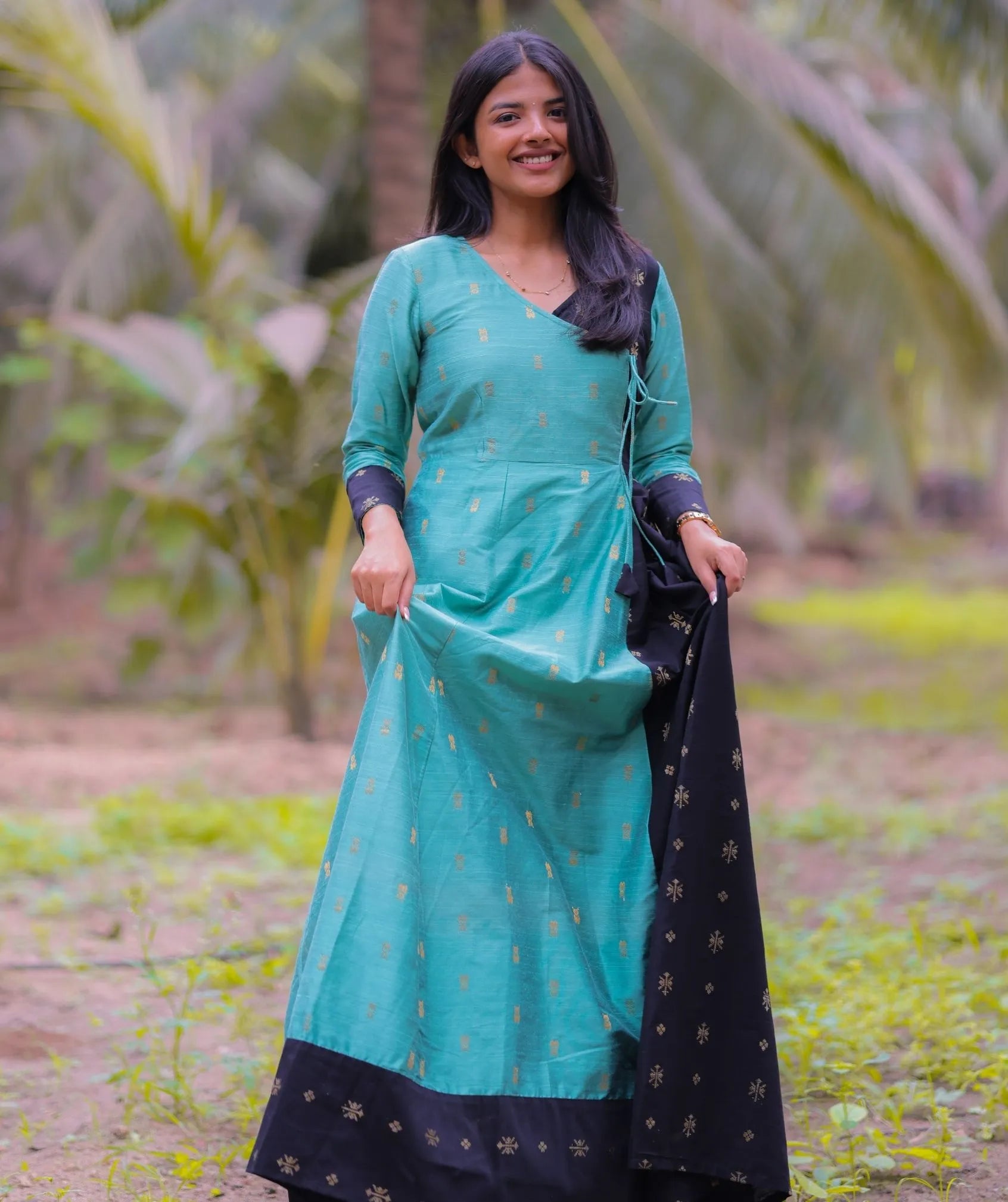 Sea Green Black Festive Maxi Dress in Chanderi Silk Handloom