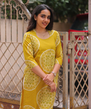 Mustard Gold Cotton Kurti – 3/4 Sleeve Casual Wear