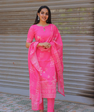 Rose Pink Cotton 3-Piece Kurti Set with Pockets & Comfort Fit
