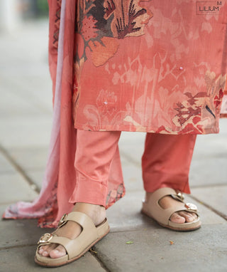 Coral Pink 3-Piece Muslin Set with Handcrafted Embroidery
