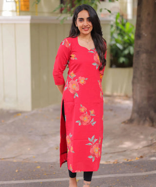 Hibiscus Flame Cotton Kurti with 3/4 Sleeves
