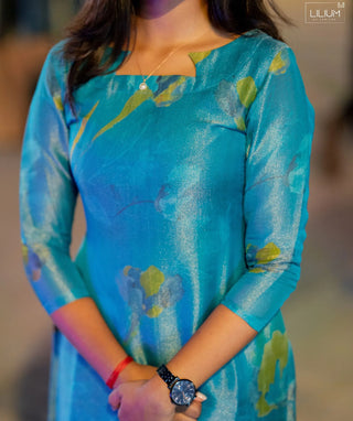 Aqua Marine Shimmer Tissue Kurti – Elegant Casual Wear