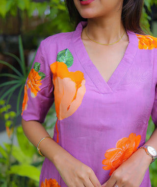 Lavender Muslin Kurti with Orange Corolla Print