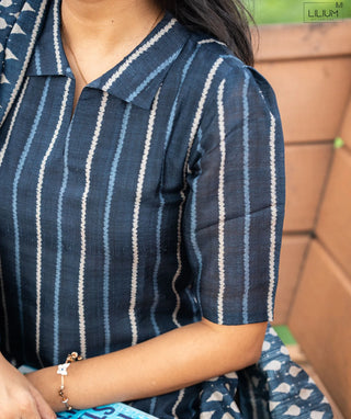 Indigo Blue Striped Kurti with Shawl in Raw Silk Fabric