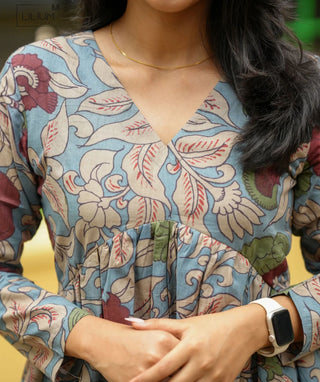 Cotton Kalamkari Kurti - Dusty Blue | Casual Wear