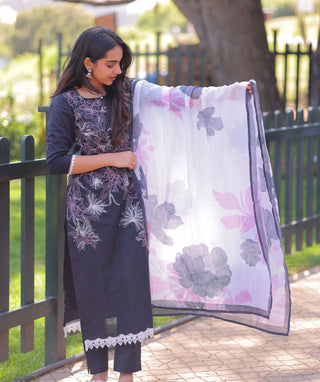 Midnight Onyx Embroidered Cotton 3 Piece Festive Set