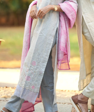 Elegant Grey Jute Silk 3-Piece Set with Pink Embroidery