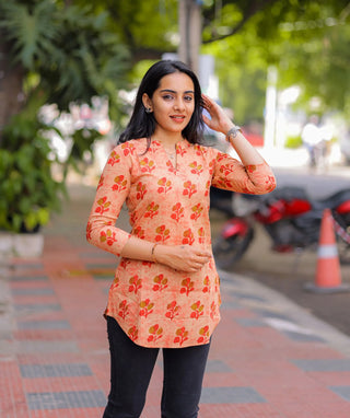 Mandarin Orange Floral Handblock Cotton Short Top