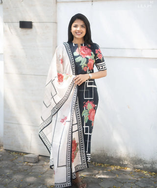 Midnight Bloom Cotton Kurti with Shawl & Elbow Sleeves