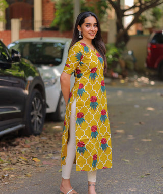 Marigold Mosaic Cotton Kurti with Elbow Sleeves – Everyday Comfort