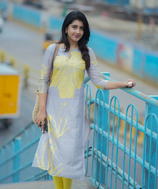 Elegant Grey Kurti with Yellow Floral Design - Pure Muslin