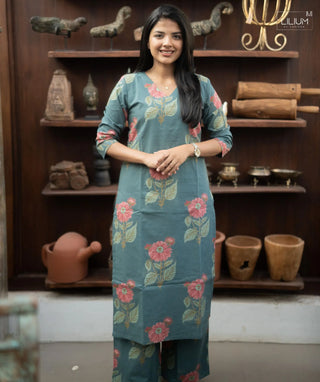 Vintage Teal Bloom Cotton Co-ord Set with Wide Pants