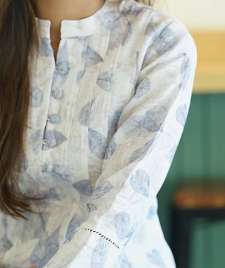 White & Blue Leaf Cotton Kurti – Casual Elegance in Style