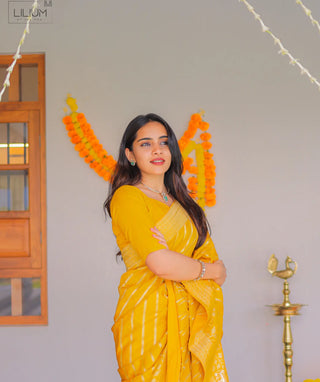 Golden Banarasi silk saree with blouse fabric