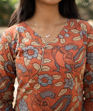 Coral Ember Kalamkari Print Cotton Ready-to-Wear Kurti