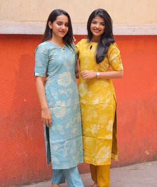 Aqua Sage Bloom Rayon Co-ord Set with Pockets & Elbow Sleeves