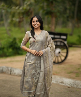 Mushroom Grey Tissue Silk 3-Piece Set – Festive Elegance