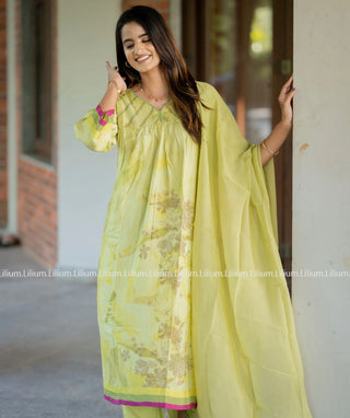 Lime Green Muslin Silk 3-Piece Pakistani Suit