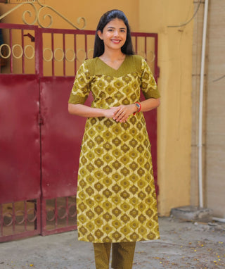 Ochre Olive Cotton Co-ord Set with Elbow Sleeves