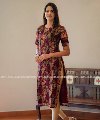 Maroon Blossom Kurti with Handcrafted Embroidery - Knee Length