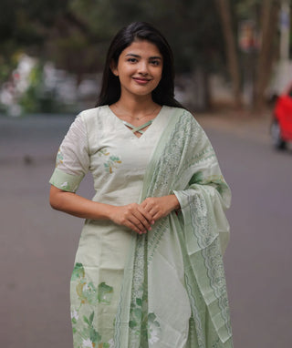 Mint Blossom Whisper Soft Cotton Kurti with Shawl