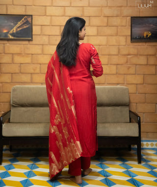 Bold Red Muslin 3 Piece Set with Zari Embroidery