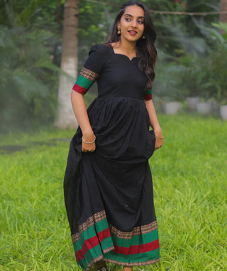 Midnight Noir Cotton Handloom Maxi with Temple Zari Border