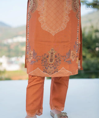 Peach Amber Glow Hand Embroidered Muslin 3 Piece Set