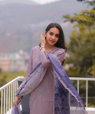 Smoky Mauve Hand Embroidered Slub Muslin 3 Piece Set